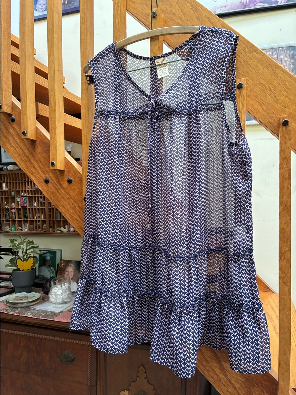 Faded Glory XXL SheerSleeveless Navy & White Printed Tiered Tunic